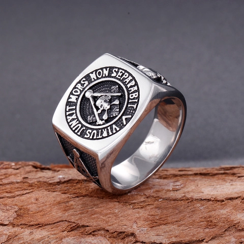 Anillo Masónico de Acero Inoxidable para Hombre Vintage Gótico Calavere Anillo de Sello Grabado en Latín Joyería Masónica