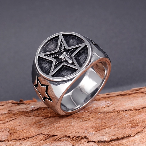 Anello Sigillo in Acciaio Inossidabile Testa di Capra Baphomet Gotico Vintage per Uomo Punk Rock Pentacolo Gioielli Band