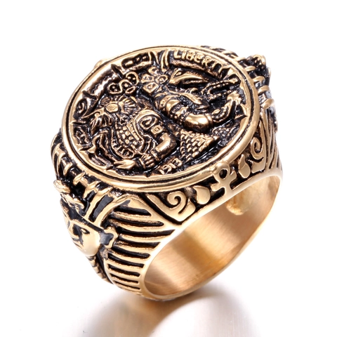 Anillo de Sello de Faraón Egipcio de Acero Inoxidable Vintage para Hombre Relieve de Moneda Oro Plata Antiguo Joyería Punk Gótica