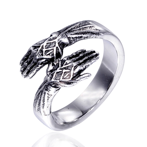 Anello Aperto in Acciaio Inossidabile Mani Abbracciate per Uomo Donna Gioielli Vintage Gothic Wrap Band Moda Regalo