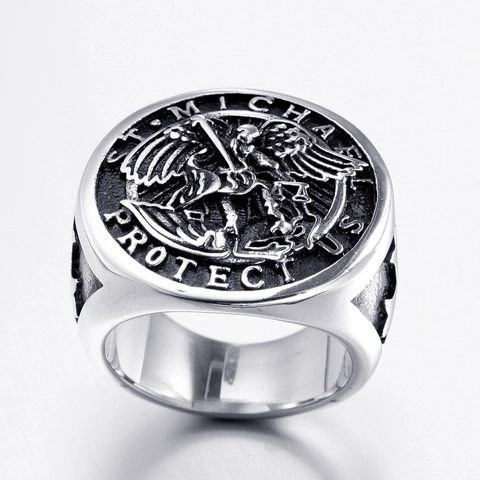 Anillo de Sello Vintage de Acero Inoxidable San Miguel Protégenos para Hombre Cruz Religiosa Relieve Joyería Biker Regalo