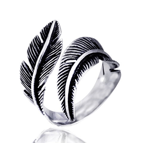 Anillo Abierto de Pluma de Acero Inoxidable 316L Vintage para Hombres Mujeres Anillo Retro Oxidado Joyería de Moda
