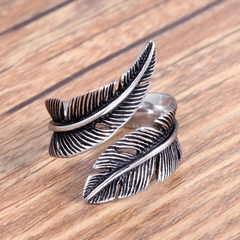 Anillo Abierto de Pluma de Acero Inoxidable 316L Vintage para Hombres Mujeres Anillo Retro Oxidado Joyería de Moda