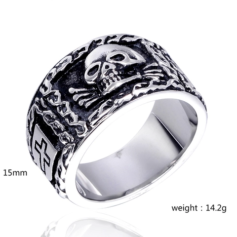 Anillo de Calavera y Cruz de Acero de Titanio Vintage para Hombre Gothic Punk Biker Band Anillo de Dedo Joyería de Rock Heavy Metal