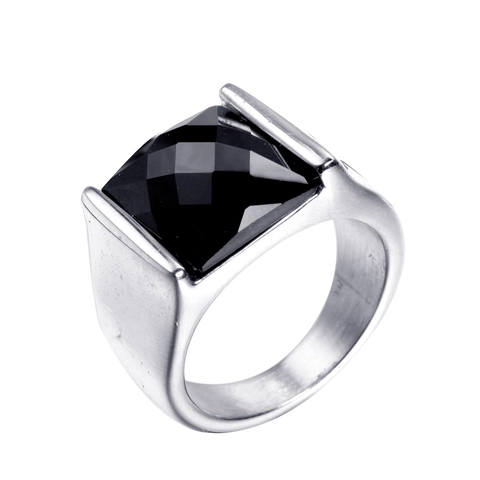 Vintage Titanium Steel Square Rhinestone Ring For Men Women Silver Color Large Faceted Stone Wide Band Ring Fashion Jewelry