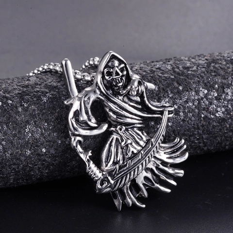Colgante Solo Sin Cadena La Parca Calavera Guadaña de Acero Inoxidable Gótico para Hombre Punk Retro Plata Negro