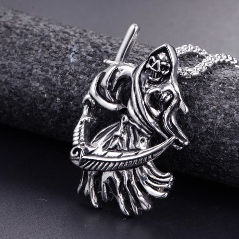 Colgante Solo Sin Cadena La Parca Calavera Guadaña de Acero Inoxidable Gótico para Hombre Punk Retro Plata Negro