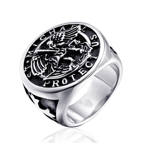 Anillo de Acero Inoxidable San Miguel Vintage para Hombre Relieve Arcángel Cruz Escudo Chapado en Oro Plata Joyería