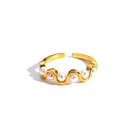 S925 Sterling Silver Wave Open Ring Elegant Artificial Pearl Adjustable Band Fashion Jewelry Accessories Gift For Women