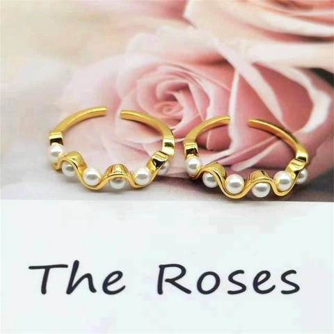 S925 Sterling Silver Wave Open Ring Elegant Artificial Pearl Adjustable Band Fashion Jewelry Accessories Gift For Women