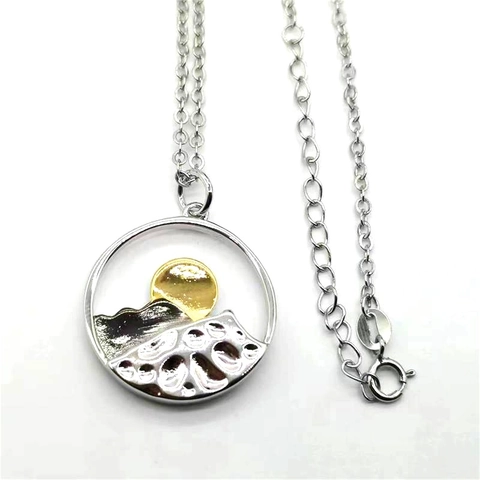 Nature Inspired Copper Mountain Sun Pendant Necklace Artistic Hollow Round Two Tone Landscape Jewelry For Men Women Gifts