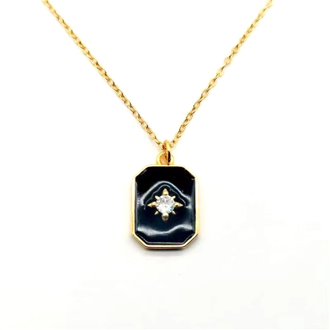 Collana in Argento Sterling 925 a Stella Placcata Oro Smalto Nero Ciondolo Rettangolare con Strass Gioielli per Donna