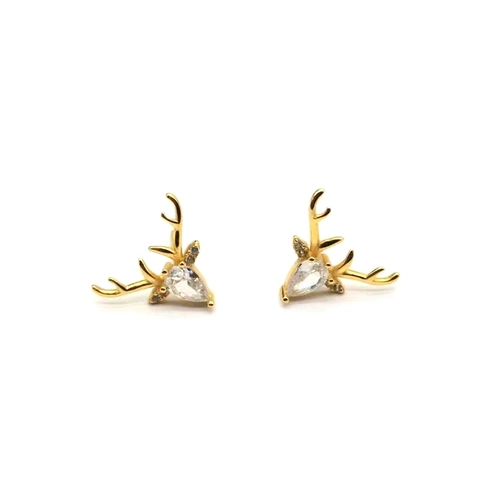 S925 Sterling Silver Gold Plated Elk Stud Earrings Fashion Cute Reindeer Antler Studs With Pear Cut Zirconia For Women Jewelry