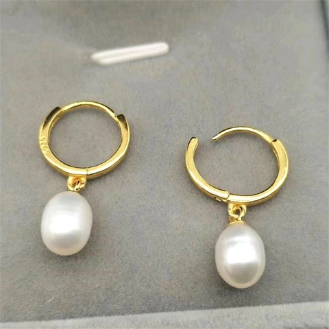 925 Sterling Silver Natural Freshwater Pearl Drop Earrings Gold Plated Geometric Hoop Earrings Elegant Jewelry For Women