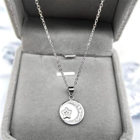 Collana con Pendente in Argento Sterling 925 Stella Luna Zirconia per Donna Gioielli Semplici con Pendente a Disco Rotondo