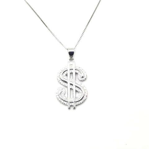 Collana con Ciondolo Simbolo del Dollaro in Argento Sterling 925 Iced Out Zirconia Hip Hop Simbolo del Denaro Unisex