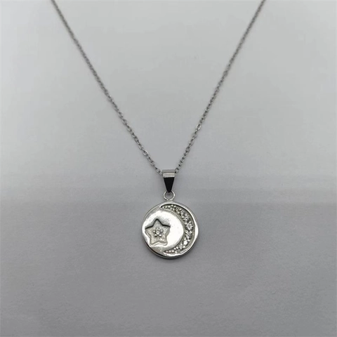 Collana con Pendente in Argento Sterling 925 Stella Luna Zirconia per Donna Gioielli Semplici con Pendente a Disco Rotondo