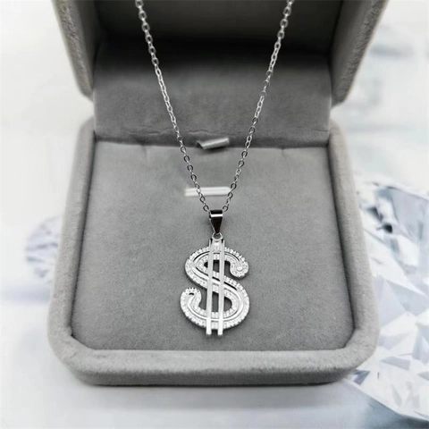 Collana con Ciondolo Simbolo del Dollaro in Argento Sterling 925 Iced Out Zirconia Hip Hop Simbolo del Denaro Unisex