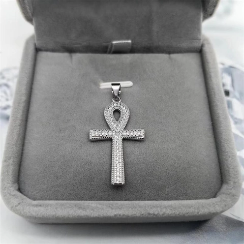 Collar con Colgante de Cruz Ankh de Plata de Ley S925 Personalizado Hip Hop Circonia Pavé Símbolo de Vida Egipcio Joyería