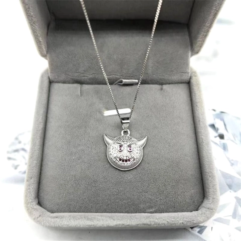 Collana con Ciondolo a Forma di Faccia Sorridente del Diavolo in Argento Sterling 925 Con Zirconia Intarsiata Hip Hop Gioielli