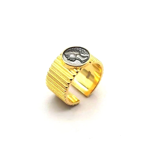 Anello Aperto in Argento Sterling 925 Vintage Con Rilievo a Moneta Antica per Donna Struttura a Costine Placcato Oro Regolabile
