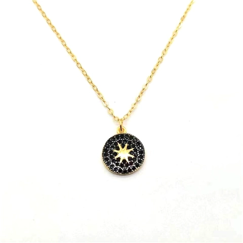 Collar de Plata de Ley 925 con Colgante Redondo de Octagrama Chapado en Oro Circonia Negra Medallón Estrella Joyería para Mujer