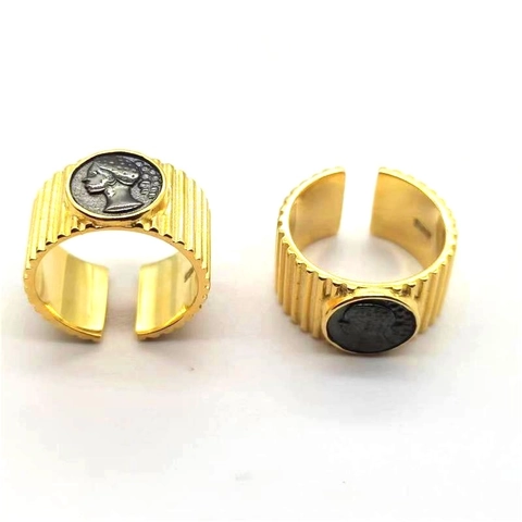 Anello Aperto in Argento Sterling 925 Vintage Con Rilievo a Moneta Antica per Donna Struttura a Costine Placcato Oro Regolabile
