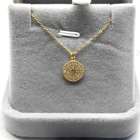925 Sterling Silver Eight Pointed Star Pendant Necklace For Women Gold Plated Round Rhinestone Starburst Clavicle Chain Jewelry Gift