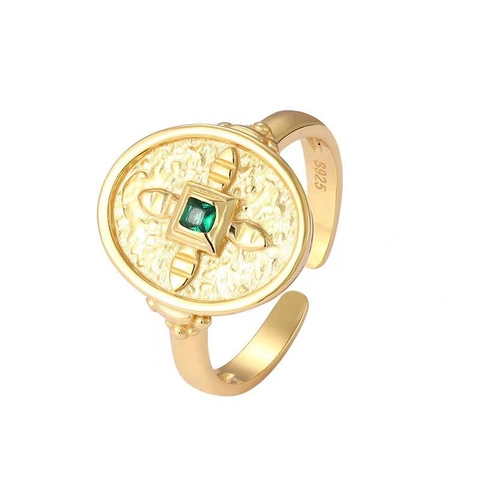 Vintage 925 Sterling Silver Shield Signet Open Ring For Women Retro Hammered Oval Green Rhinestone Inlaid Adjustable Finger Ring