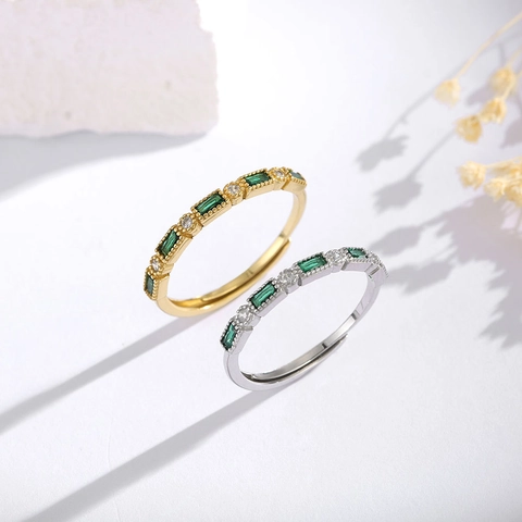 Bague Ouverte en Argent Sterling 925 de Luxe pour Femmes Zirconia Vert Rectangulaire Incrusté Bague Ajustable Vintage Bijoux Élégants Cadeau