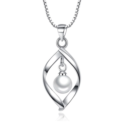 Collana in Argento Sterling 925 Con Pendente a Foglia Ritorta e Perla Artificiale per Donna Gioielli Placcati Oro Bianco