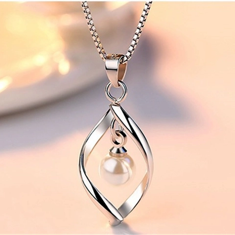 Collana in Argento Sterling 925 Con Pendente a Foglia Ritorta e Perla Artificiale per Donna Gioielli Placcati Oro Bianco