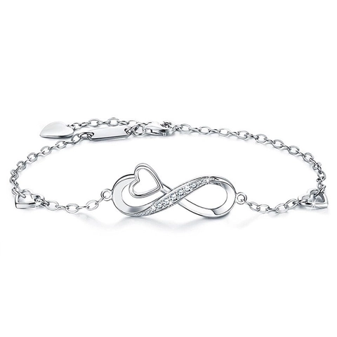 Bracciale Infinito Cuore in Argento Sterling 925 per Donna Intarsiato con Zirconia Placcato Oro Bianco Gioielli Eleganti Regalo Romantico Anniversario Compleanno