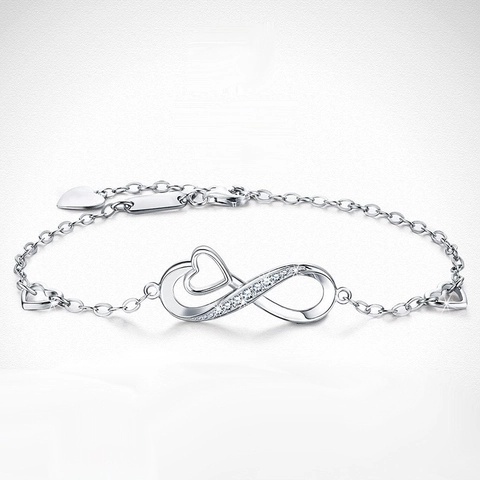 Bracciale Infinito Cuore in Argento Sterling 925 per Donna Intarsiato con Zirconia Placcato Oro Bianco Gioielli Eleganti Regalo Romantico Anniversario Compleanno