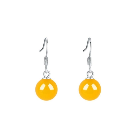 Retro S925 Sterling Silber Gelber Achat Ohrhänger Für Damen Einfach Ethno-Stil Runde Perle Ohrhaken Modeschmuck Geschenk