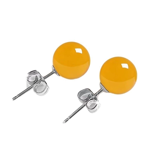 925 Sterlingsilber Natur Gelber Achat Ohrstecker Für Damen Vintage Einfache Runde Kugel Chinesischer Stil Schmuck Ohrringe