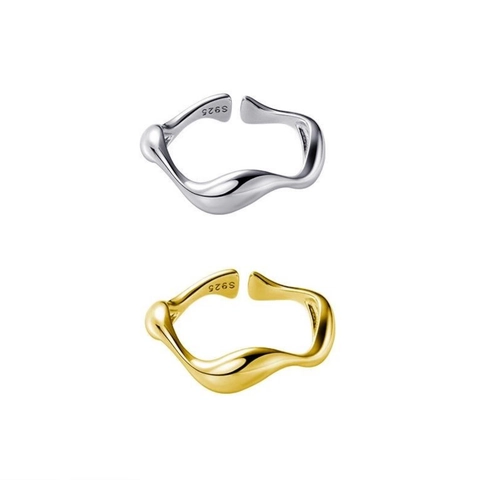 925 Sterling Silver Irregular Wave Pattern Open Ring For Women Minimalist Fluid Line Smooth Electroplated Adjustable Finger Ring Jewelry