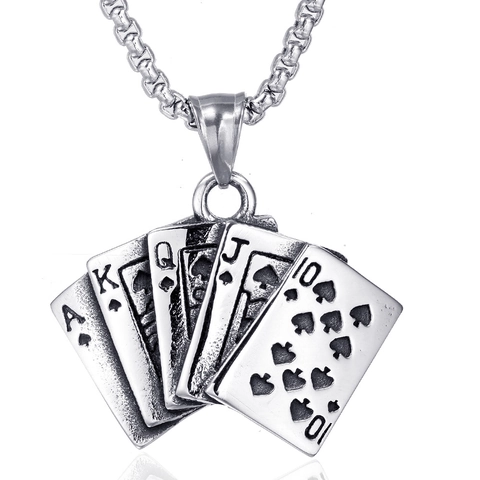 Colgante de Carta de Póker de Acero Inoxidable Vintage Hip Hop para Hombre Retro Escalera Real Colgante Solo Sin Cadena