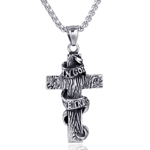 Collar con Colgante de Cruz de Acero Inoxidable Vintage para Hombres Mujeres Textura Grano de Madera In God We Trust Joyas