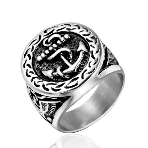 Anillo de Acero de Titanio de Ancla Náutica Vintage para Hombre Retro Envejecido Relieve de Águila Punk Joyería