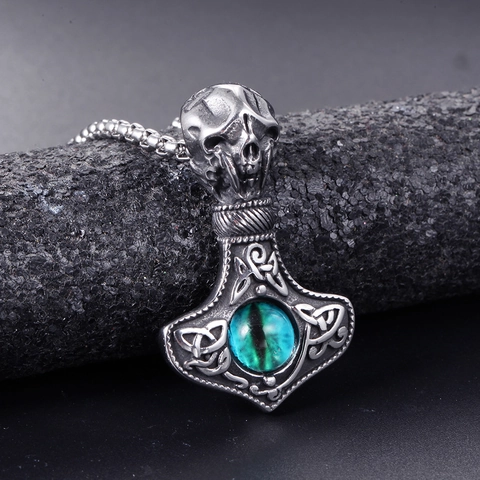 Collana con Ciondolo Martello di Thor e Teschio in Acciaio Inossidabile Vintage Gotico Vichingo Pietra Occhio di Gatto