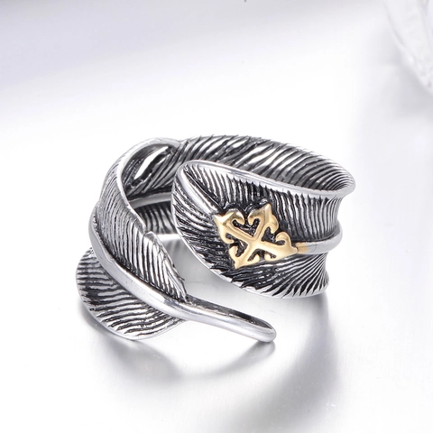 Vintage Feather Open Ring Retro Two-Tone Metal Adjustable Gothic Band Ring With Cross Relief For Men Women Daily Party Jewelry