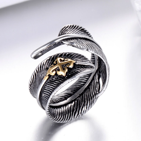 Anello Piuma in Acciaio al Titanio Vintage per Uomo Donna Bicolore Oro Argento Gioielli Gotici Punk Biker Anello Lucidato Ossidato