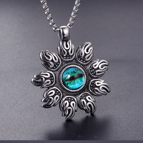 Collana con Ciondolo Malocchio Fiamma del Sole in Acciaio Inossidabile per Uomo Donna Gothic Punk Vintage Argento Gioielli