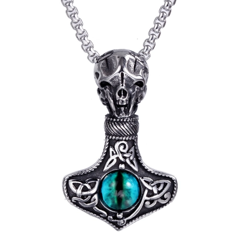 Collana con Ciondolo Martello di Thor e Teschio in Acciaio Inossidabile Vintage Gotico Vichingo Pietra Occhio di Gatto