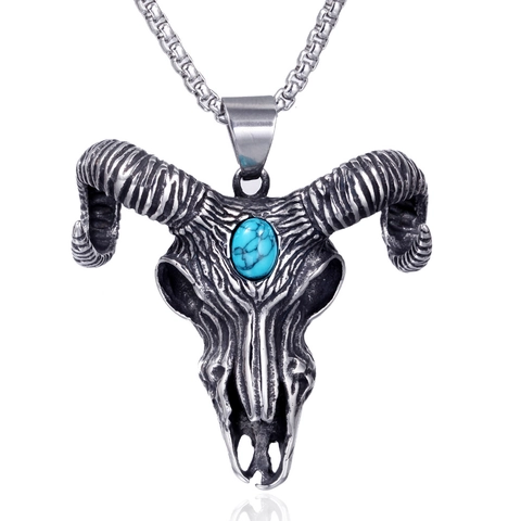 Collar de Pendiente de Cráneo de Cabra de Acero Inoxidable Retro Punk para Hombre Cabeza de Carnero Gótico con Turquesa Artificial