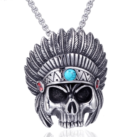 Collar con Colgante de Calavera de Jefe Indio Vintage de Acero Inoxidable 316 Tocado de Plumas Joyería Gótica Biker