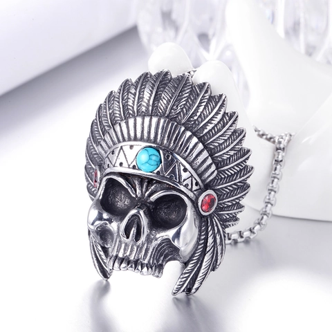 Collar con Colgante de Calavera de Jefe Indio Vintage de Acero Inoxidable 316 Tocado de Plumas Joyería Gótica Biker