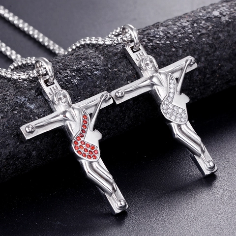 Roestvrij Stalen Kruis Gitaar Hanger Halsketting Met Ingelegde Strass Karakter Figuur Hip Hop Religieuze Sieraden Voor Dames Heren