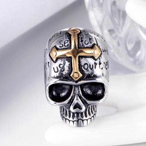 Anillo de Acero de Titanio Retro Calavera Cruz para Hombres Joyas Biker Gótico Punk Bully Vintage Anillo Religioso Grabado
